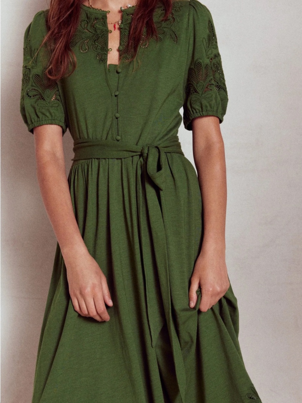 Boden Fir Green Embroidered Puff-Sleeve Midi Dress